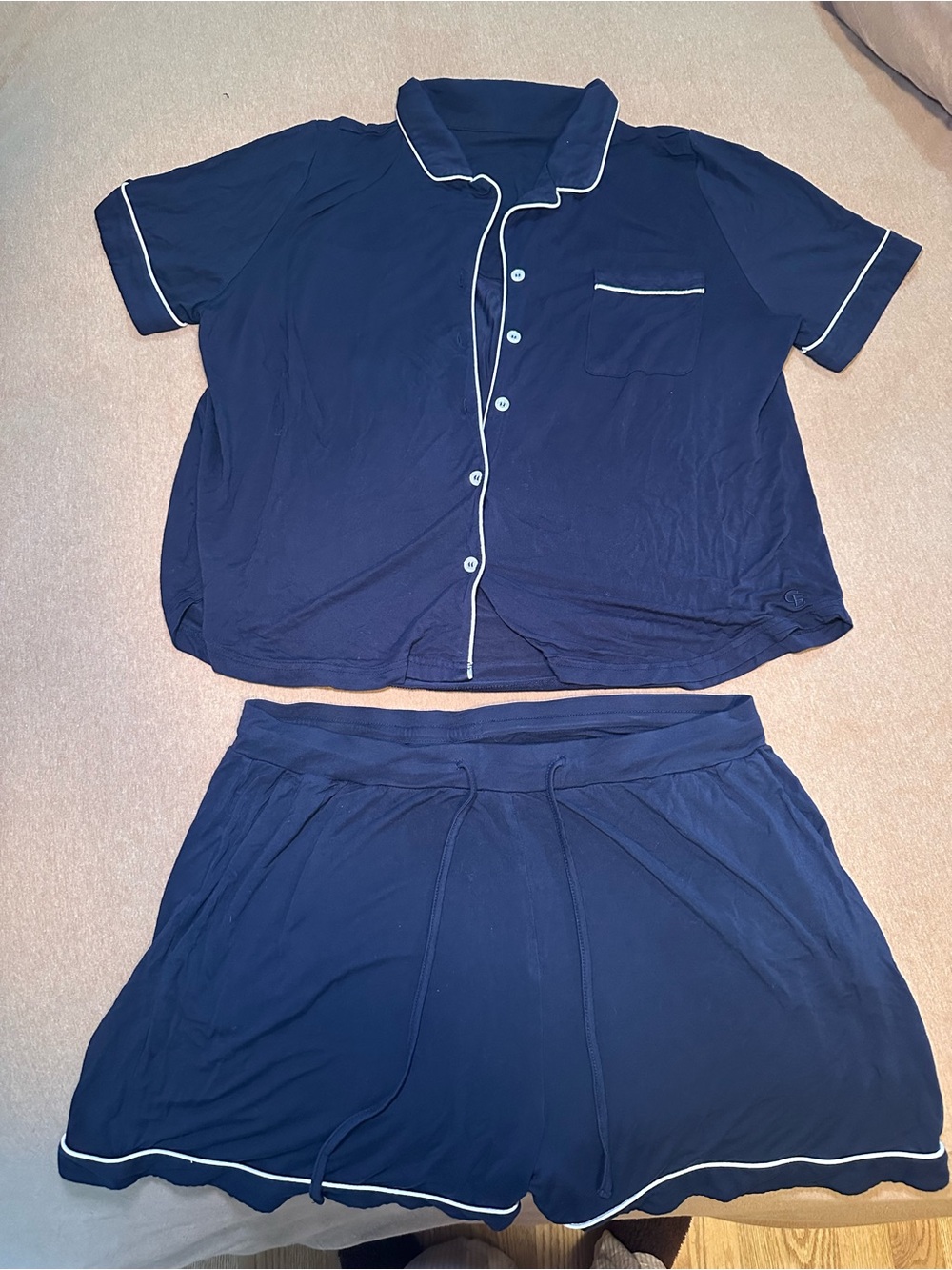 Navy Short Sleeve Pajama Set with White Piping